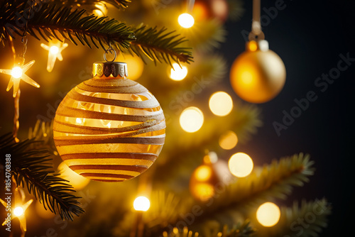 Elegant striped golden Christmas ornament hanging from pine tree with warm bokeh lights creating magical holiday atmosphere. Generative AI.