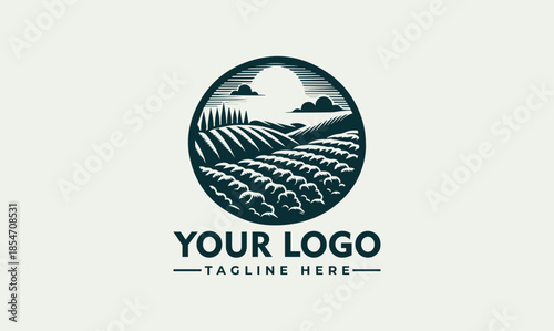 Vector logo featuring a serene vineyard landscape with rows of grapevines under a stylized moon, accompanied by a customizable 'Your Logo' text and tagline on a clean background.