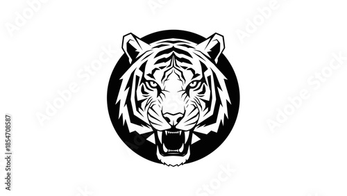 Black and white illustration of an angry tiger face in a circle emblem design