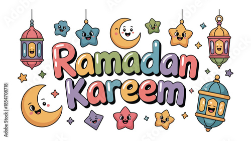 Ramadan Kareem: A vibrant illustration showcasing the spirit of Ramadan with festive lanterns, smiling crescent moons, and twinkling stars. Celebrating the holy month with joy and togetherness.