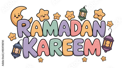 Ramadan Kareem Cartoon: Capturing the spirit of Ramadan with an endearing cartoon, featuring a smiling moon, twinkling stars, and ornate lanterns, the design is a joyful celebration.
