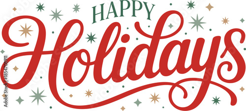 Joyful Happy Holidays message in elegant red script, surrounded by an array of festive green and gold stars