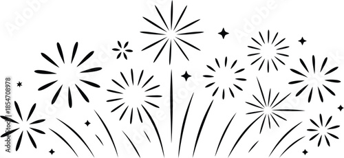Numerous black outline fireworks bursts and tiny stars create a celebratory display