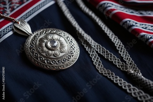 Detailaufnahme von traditionellem silbernen Schmuck mit einem kunstvollen Anhänger und zarten Ketten auf einem Stoffhintergrund