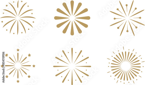 Six distinct golden radial burst firework symbols on a clean white background