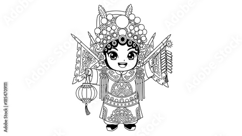 Black and white illustration of a traditional Chinese opera performer character