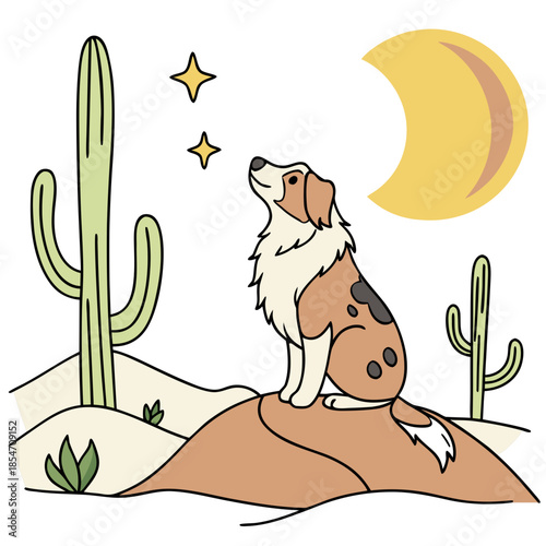 SVG art: A Shy Australian Shepherd in a Desert Mirage vibe with sitting on a moon, tinted with Desert Mirage tones
