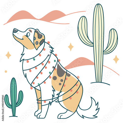 Whimsical Australian Shepherd feeling Silly in a Desert Mirage setting with wrapped in fairy lights – colored in Desert Mirage