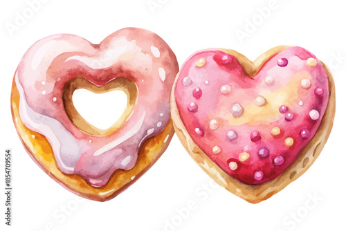 Heart Shaped Donut Watercolor Cute Dessert Icon vector illustration isolated on white background