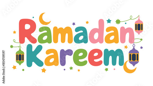 Ramadan Kareem: Vibrant Calligraphy of Ramadan Kareem, symbols and colors, representing joy, spiritual reflection and unity.