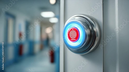 Futuristic Biometric Access System: A close-up showcases a state-of-the-art biometric access system, its luminescent display and sleek design hinting at cutting-edge technology and enhanced security.