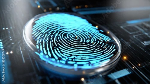 Digital Signature: A glowing fingerprint is the centerpiece of a dynamic technological design, symbolizing secure access and personal identification.