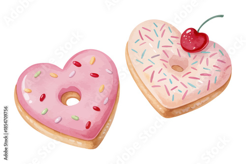 Heart Shaped Donut Watercolor  vector illustration isolated on white background