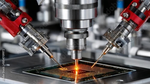 Precision in Action: Advanced robotic arms meticulously manipulate a microchip, highlighting the intricate technology and efficiency of modern automation.