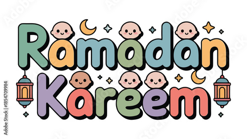 Ramadan Kareem Illustration: Festive and colorful illustration captures the spirit of Ramadan Kareem with playful baby face characters and decorative lantern. 