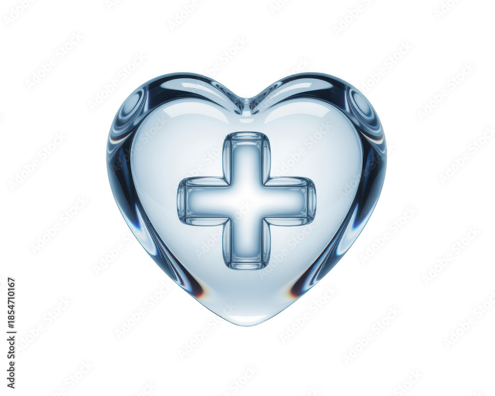 Obraz premium Translucent crystal glass heart with blue cross symbol on transparent background black background