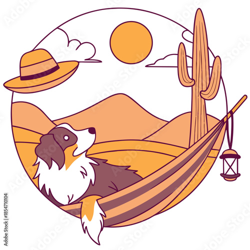 Cute SVG of a Bashful Australian Shepherd in Sundown Glow colors, featuring in a hammock in a Desert sunset setting