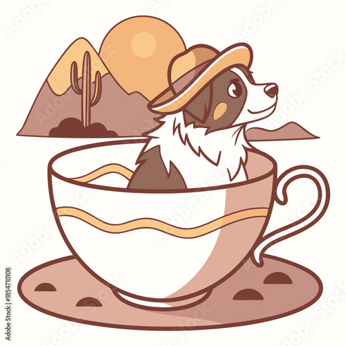 SVG art: A Bashful Australian Shepherd in a Desert sunset vibe with in a teacup, tinted with Sundown Glow tones