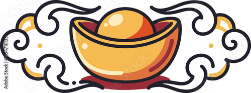 Stylized Chinese gold ingot surrounded by flowing lucky clouds, perfect for Lunar New Year greetings, prosperity banners, festive packaging, and Asian celebration designs