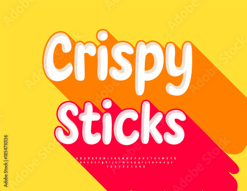 Vector Bright logo Crispy Sticks. Playful Font with Big Red Shadow. Creative Alphabet Letters and Numbers set.
