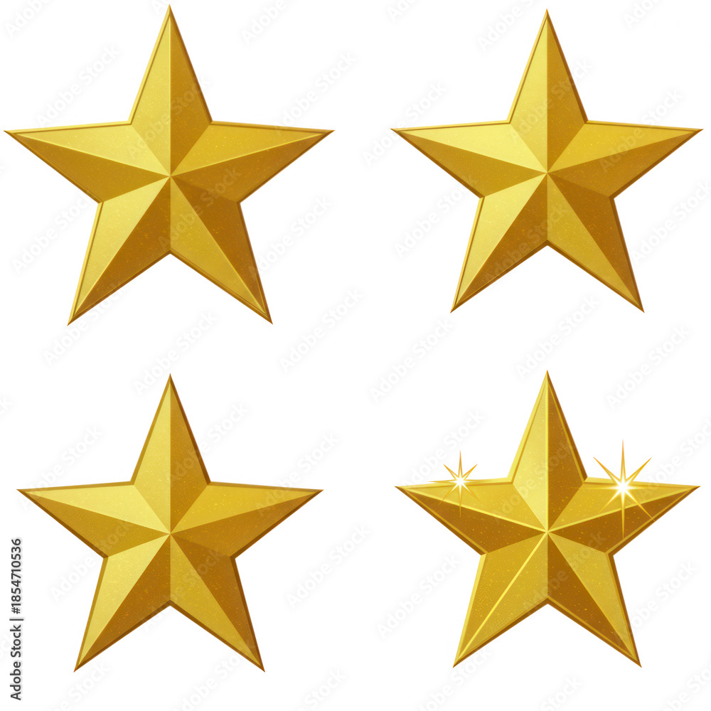 Obraz premium Four golden stars with glowing variations isolated on transparent background
