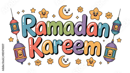 Ramadan Kareem Illustration: Colorful illustration celebrates the holy month of Ramadan, with festive lanterns, crescent moons, and stars.