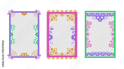 Mexican frame set with traditional day of the dead motifs - colorful borders with skull patterns, floral elements and decorative ornaments. Latino fiesta design with ethnic folk art for invitations.