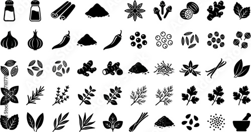 Comprehensive black silhouette icon set illustrating various culinary herbs spices seasonings and ingredients for food preparation design projects