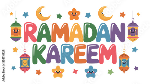 Ramadan Kareem Illustration: Festive and colorful illustration celebrating Ramadan, featuring joyful crescent moons, stars, and lanterns. The image radiates the spirit of togetherness, faith.