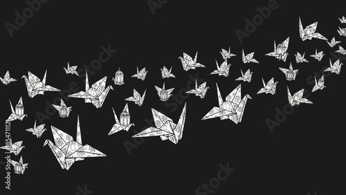 Elegant Origami Cranes and Lanterns on Black Background for Celebration and Design