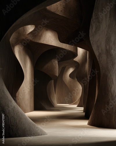 Sculptural cave-like interior with smooth curves and filtered light