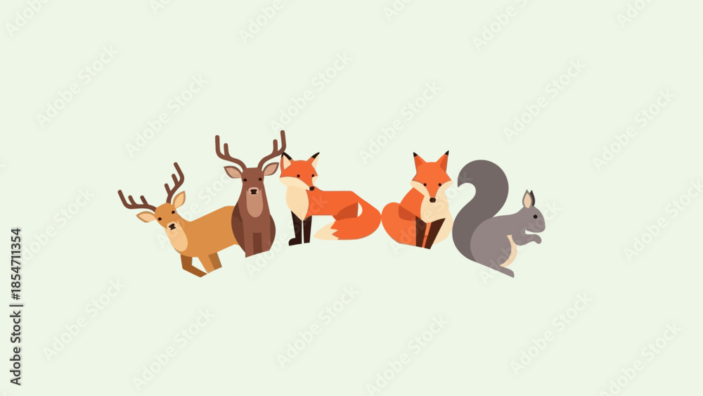 Fototapeta premium Stylized woodland animal illustration featuring deer, foxes, and a squirrel in nature wildlife