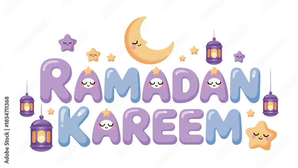 Obraz premium Ramadan Kareem: A festive and inviting design celebrating the holy month of Ramadan, featuring a smiling crescent moon, stars and lanterns.
