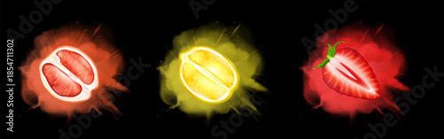 Fruit taste explosion effect on black background. Vector realistic illustration of grapefruit, lemon, strawberry flying in flavor burst, orange, red, yellow blast cloud, natural energy, drink design