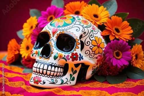 Bunter mexikanischer Zuckerschädel mit Blumen zum Dia de los Muertos Stillleben