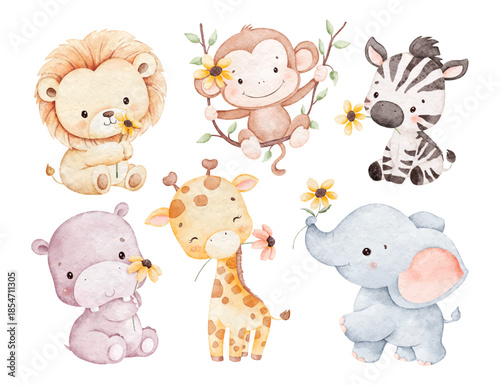 Canvas Print Watercolor Illustration Set of Baby Safari Animals with Flower