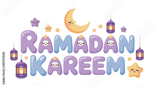 Ramadan Kareem: A festive and inviting design celebrating the holy month of Ramadan, featuring a smiling crescent moon, stars and lanterns.