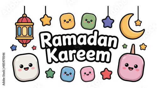 Ramadan Kareem: This image encapsulates the spirit of Ramadan Kareem with its festive decorations including a lantern, crescent moon, stars, and cute, smiling characters.
