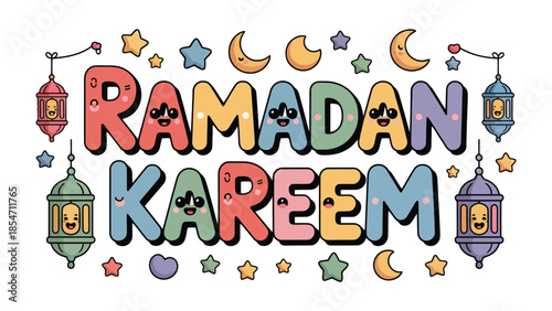 Ramadan Kareem Illustration: Festive and colorful Ramadan Kareem illustration with smiling crescent moons and lanterns, celebrating the spirit of generosity, peace and reflection.