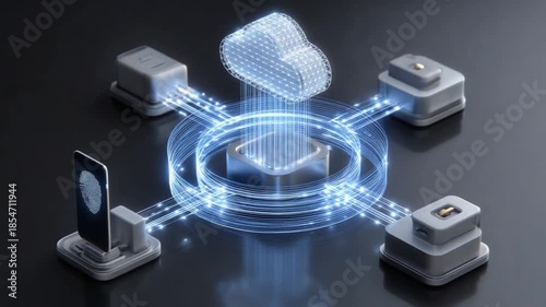 Cloud Connection: An illustration showcasing the interconnectedness of data and devices within a cloud network. The core of innovation and global connection. 