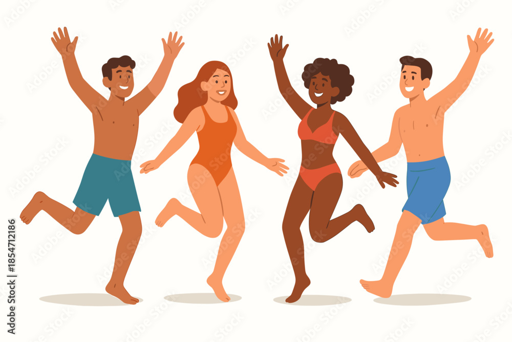 Obraz premium Joyful friends celebrating summer at the beach resort