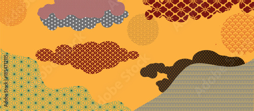Japanese New Year 2026 Background with Yellow and Teal Clouds, Traditional Seigaiha Waves, Asanoha Geometric Patterns, and Red Floral Motifs for Oriental Lunar Festival Graphic Designs