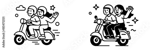 Happy couple riding together on a scooter in a fun illustration