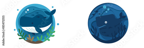 Creative vector illustrations of a whale swimming in ocean depths