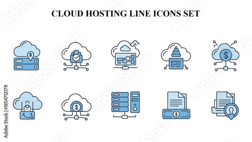 Collection of ten stylized blue and white icons representing essential cloud computing finance security and data management concepts against a black background
