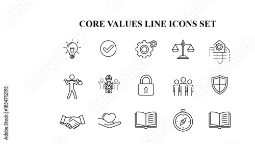 Business concept icons representing core values like ideas teamwork security justice innovation and partnership displayed against a dark background design element