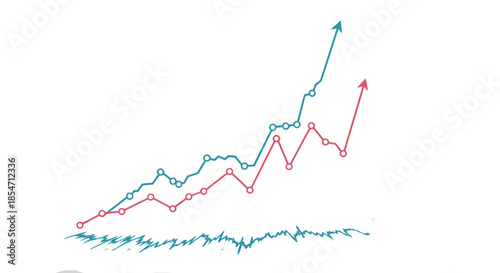 Two distinct data sets show significant upward trends visualized through fluctuating line graphs with final arrows indicating strong positive growth trajectory