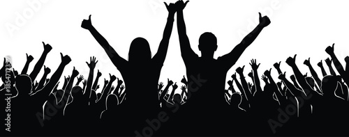 Cheering crowd silhouette with raised hands celebrating success unity and excitement isolated on white background concert event community concept
