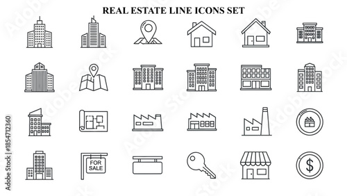 Collection of monochrome outline icons representing various architectural structures like commercial buildings residential houses factories and real estate concepts for web design use
