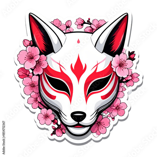 Kitsune Fox Mask Sticker with Cherry Blossoms, Japanese Art Illustration